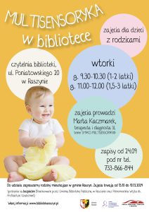 Powiększ. Niemowlę siedzi na żółtym tle z napisem Multisensoryka w bibliotece. Alternatywa tekstowa w artykule