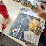 Zbliżenie na powstający kolaż z motywem kosmicznym