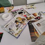 Kartki z kolorowymi wydrukami do wykorzystania w kolażach